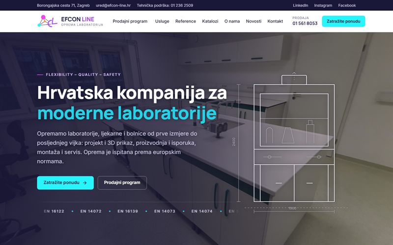 Naslovnica stranice EFCON LINE: naslov Hrvatska kompanija za moderne laboratorije, crtež digestora i popis europskih normi.