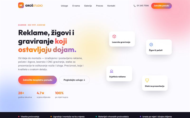 Naslovnica stranice Groš Studio: naslov Reklame, žigovi i graviranje koji ostavljaju dojam, uz kartice usluga.
