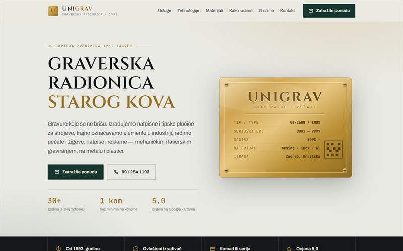 Naslovnica stranice UNIGRAV: naslov Graverska radionica starog kova i mesingana natpisna pločica.